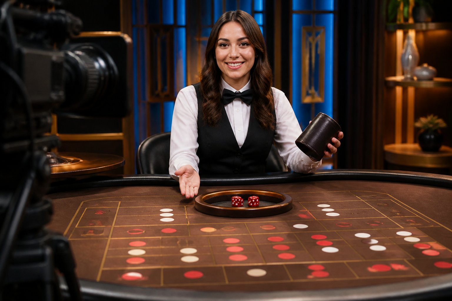 Dealer profesional memandu permainan Sic Bo secara langsung di meja kasino modern.