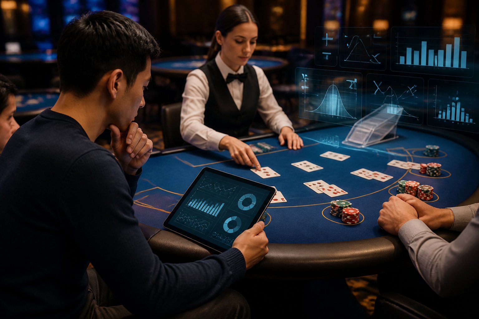 Seorang pemula mengamati permainan blackjack live dengan kartu, chip, dan grafik statistik digital.