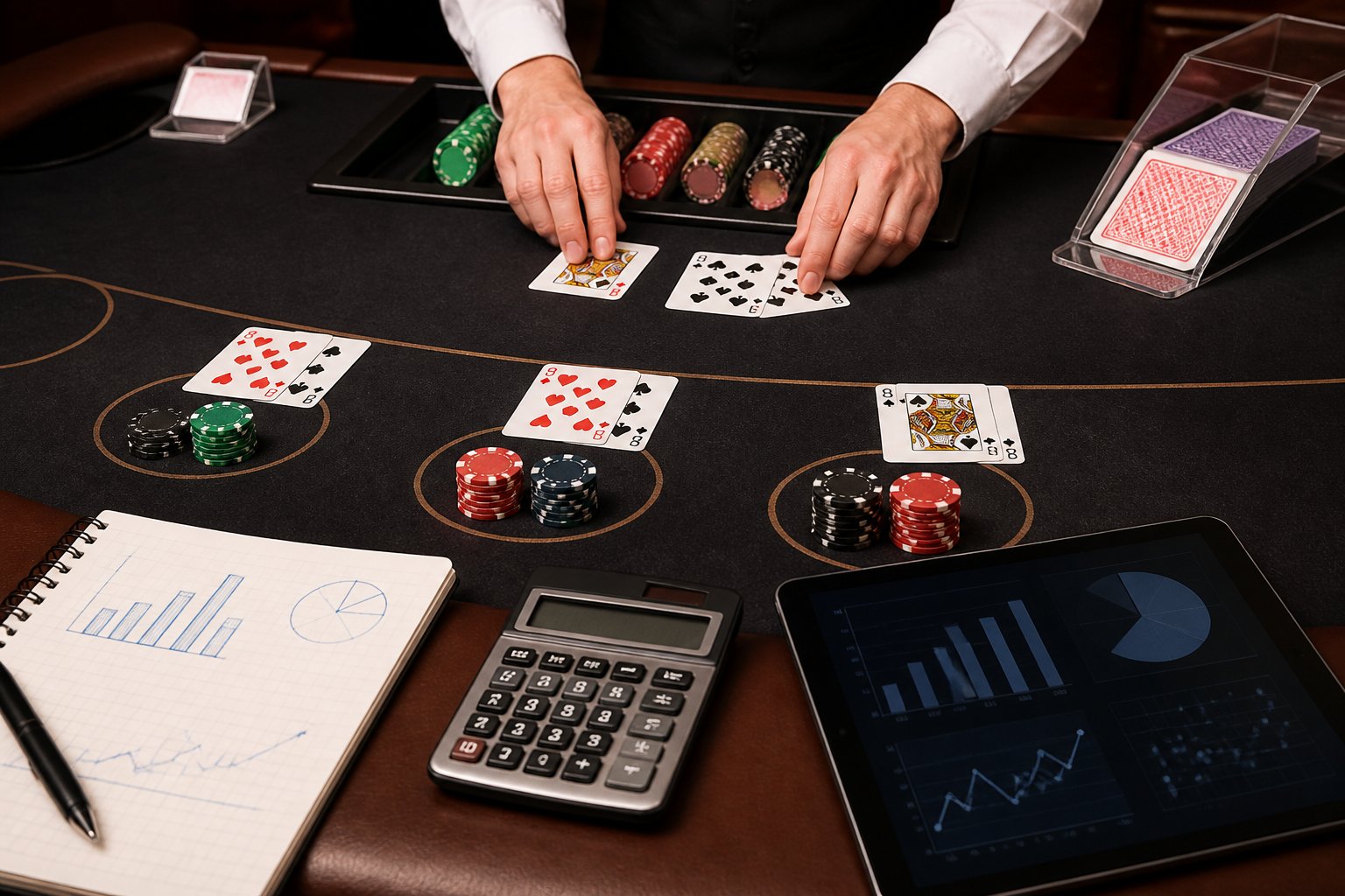 Meja blackjack dengan kartu, keping kasino, komputer, dan catatan perhitungan statistik.