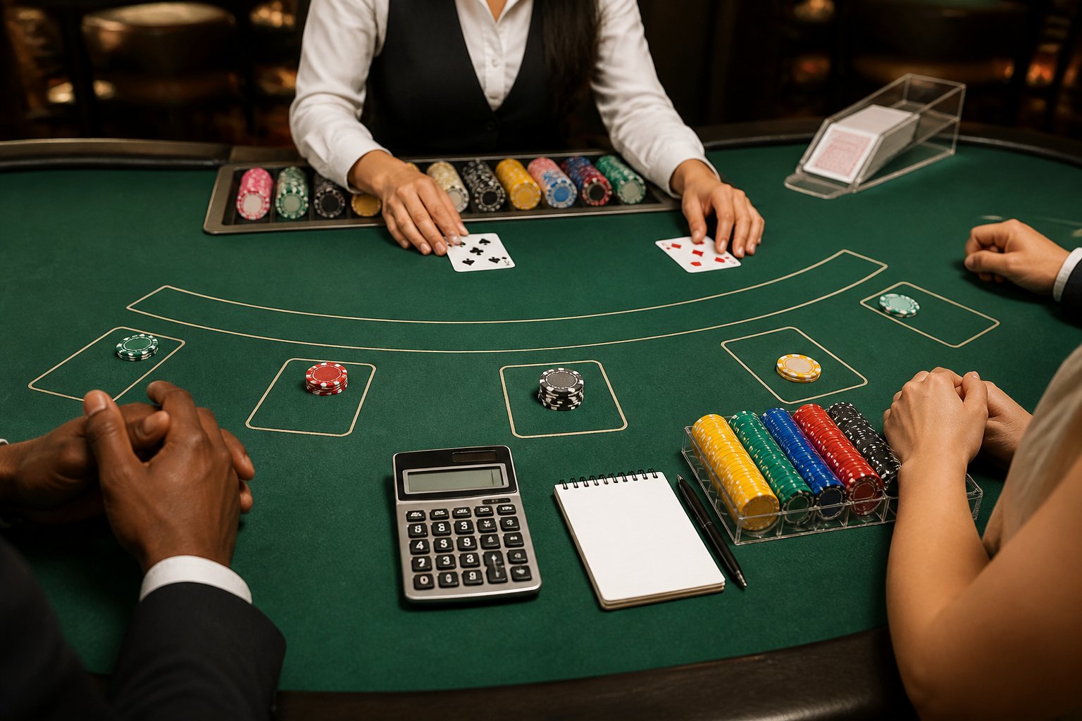 Meja blackjack kasino dengan dealer, kartu, penyimpanan taruhan, komputer, dan catatan kosong.