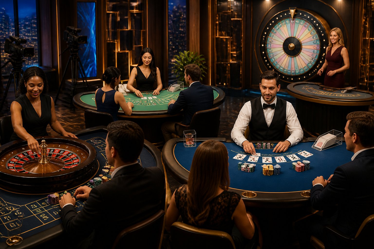 Studio kasino langsung dengan meja roulette, blackjack, baccarat, dan roda permainan yang ditangani dealer profesional.