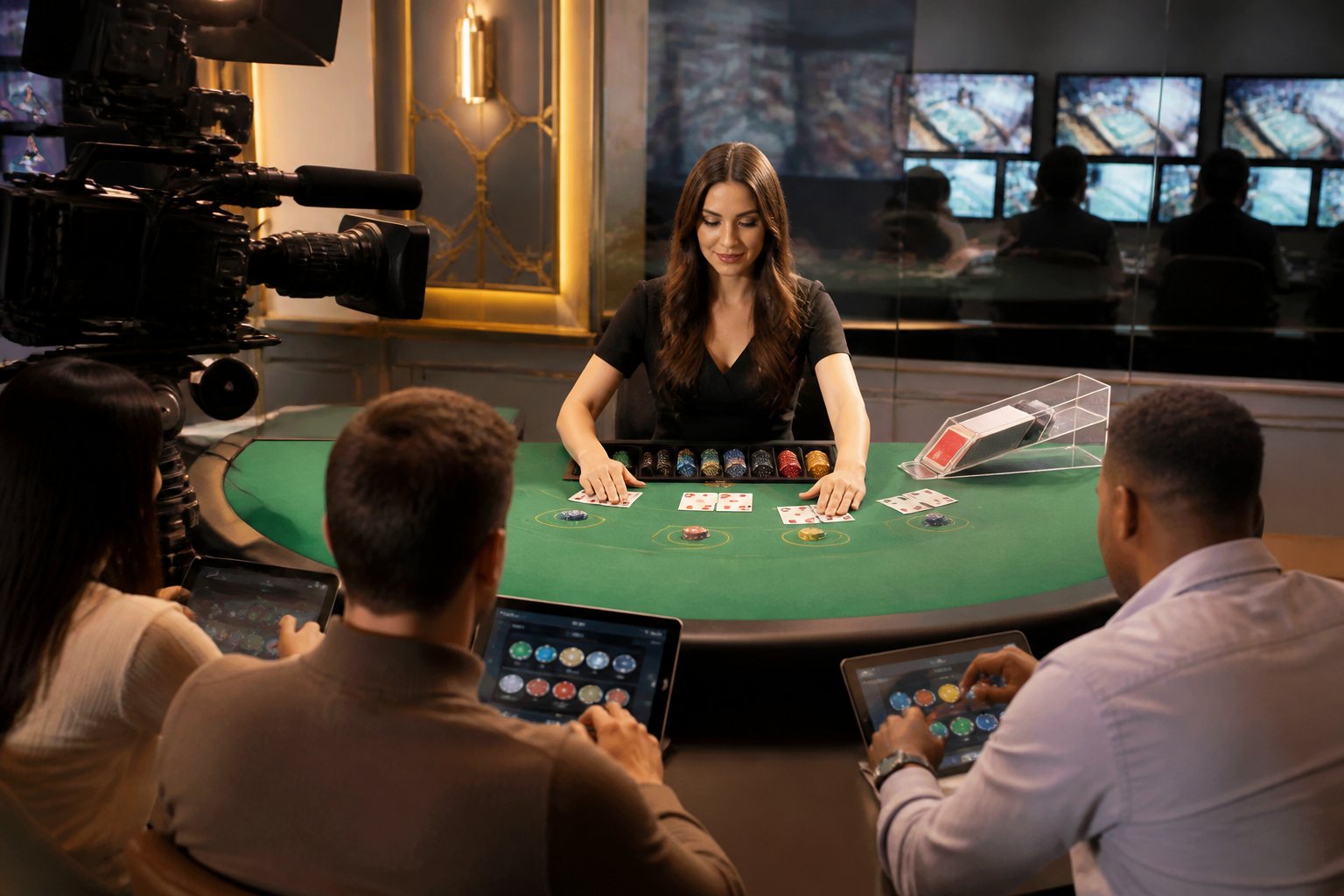 Dealer profesional memandu permainan baccarat langsung di studio kasino modern dengan kartu dan menyimpan taruhan di atas meja.
