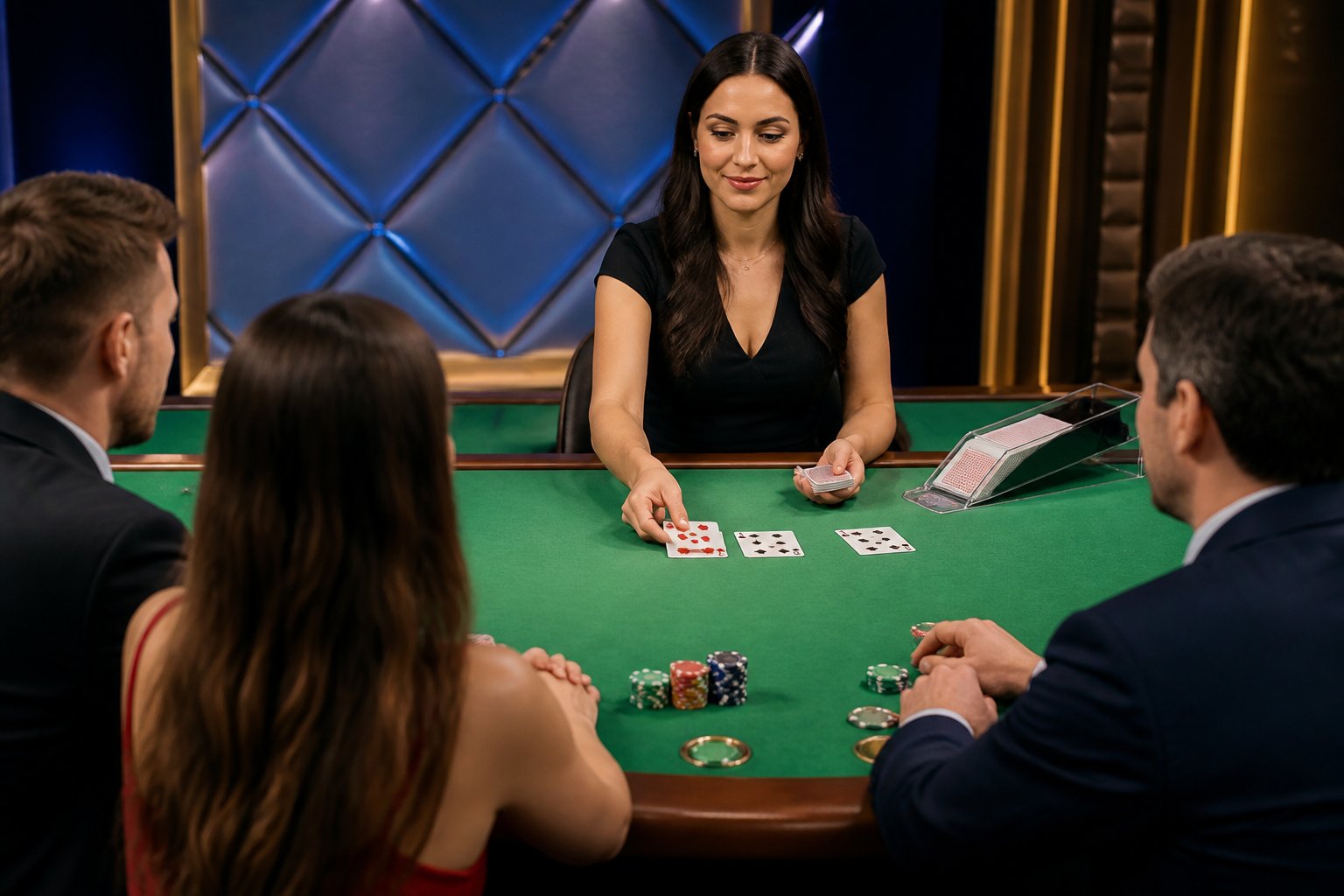 Dealer asli membagikan kartu baccarat di meja kasino dengan pemain yang mengamati permainan.