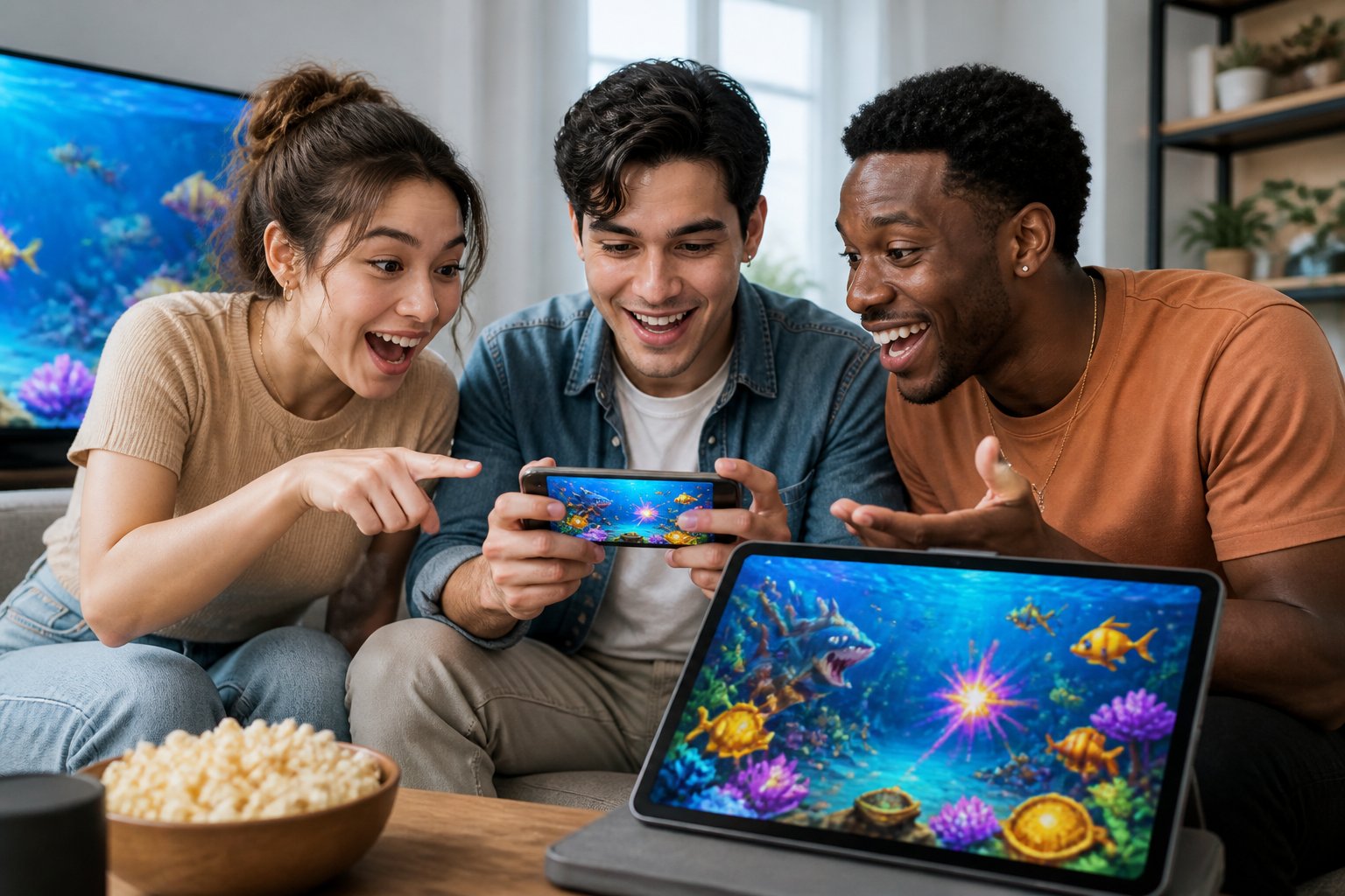 Tiga orang teman bermain gim memancing ikan bersama menggunakan ponsel dan tablet Android.