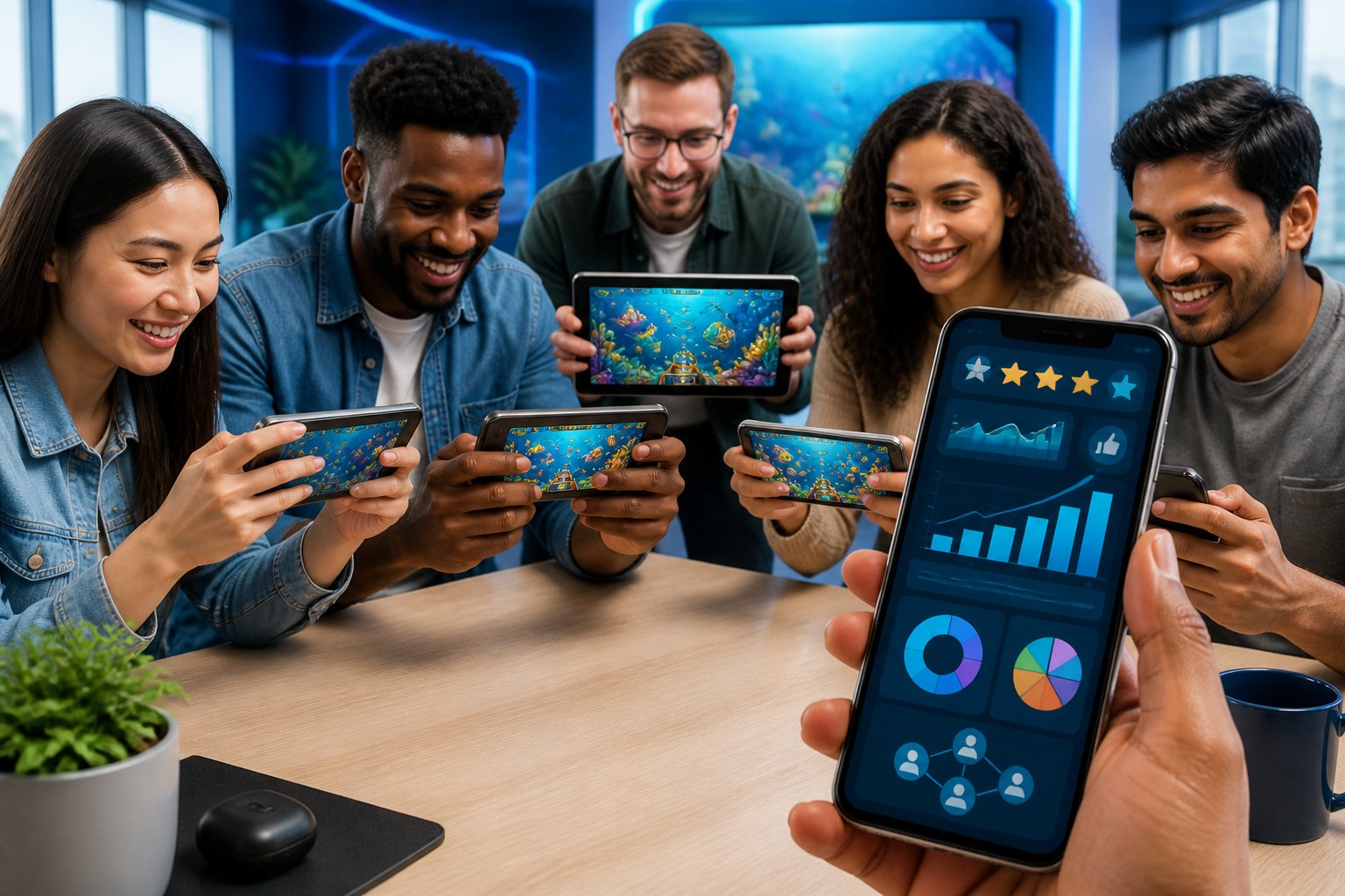 Sekelompok orang memainkan gim tembak ikan multipemain di ponsel Android sambil meninjau indikator popularitas aplikasi.