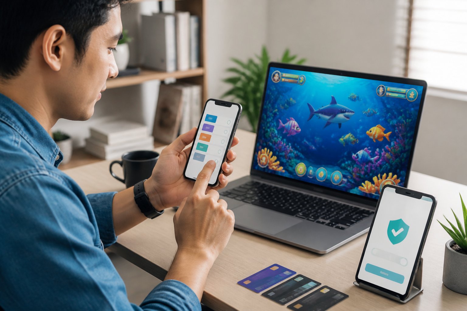 Seseorang membandingkan beberapa metode e-wallet di ponsel untuk melakukan deposit ke game tembak ikan multipemain.