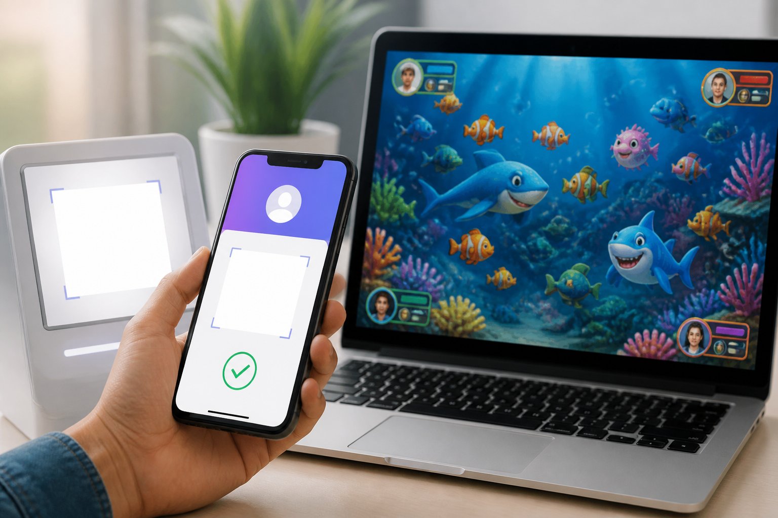 Ponsel dengan antarmuka dompet digital dan kode area QR berada di samping layar permainan ikan multipemain.