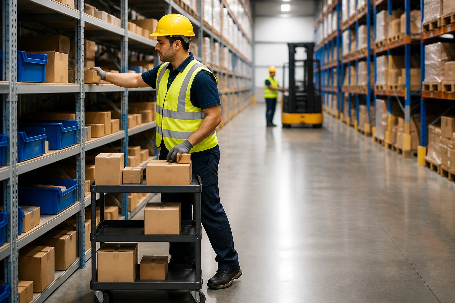 Warehouse worker selecting products from storage shelves and placing them into a rolling cart.
