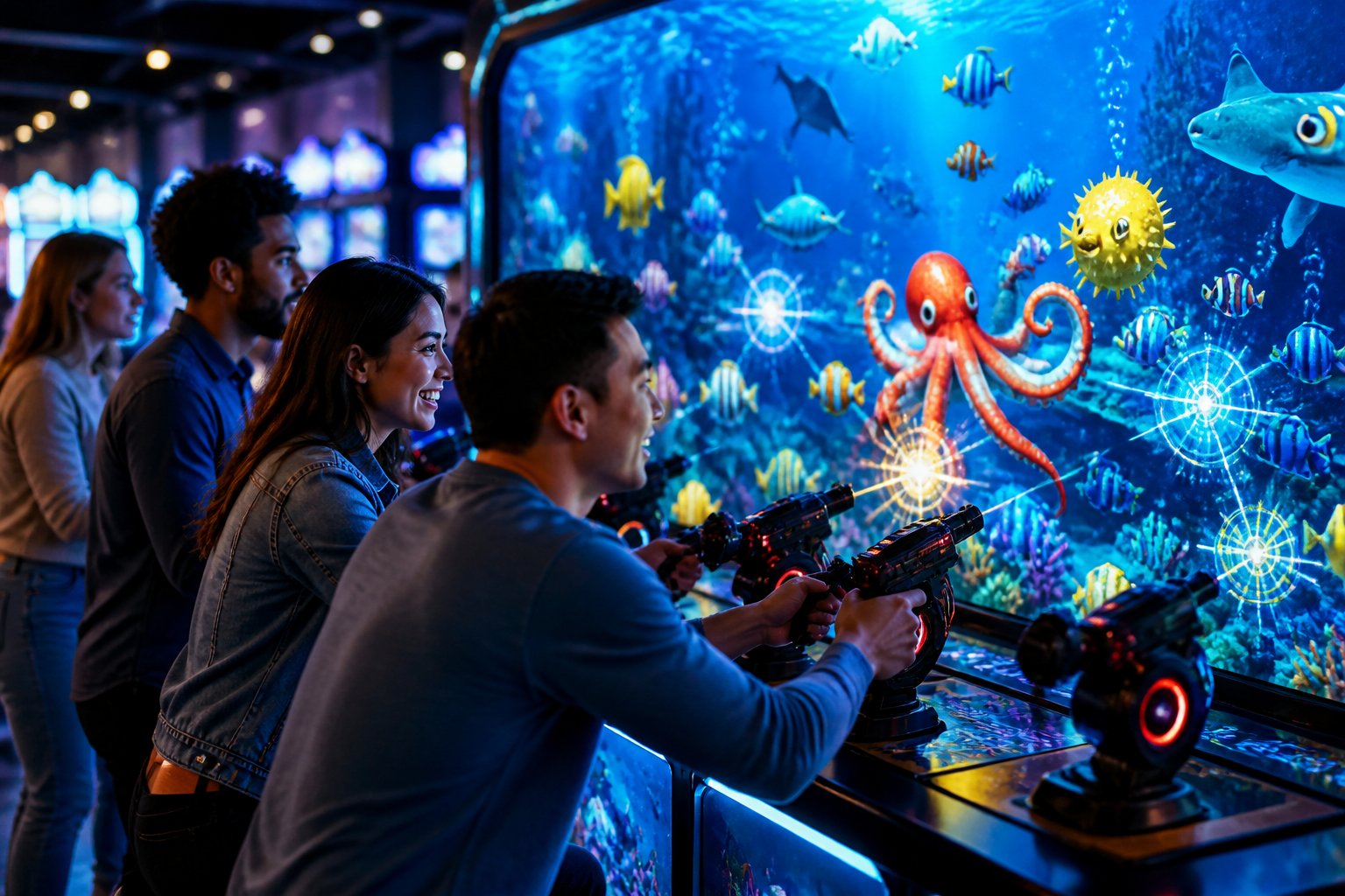 Beberapa pemain dewasa bermain gim menembak ikan multipemain di layar arcade bertema bawah laut.