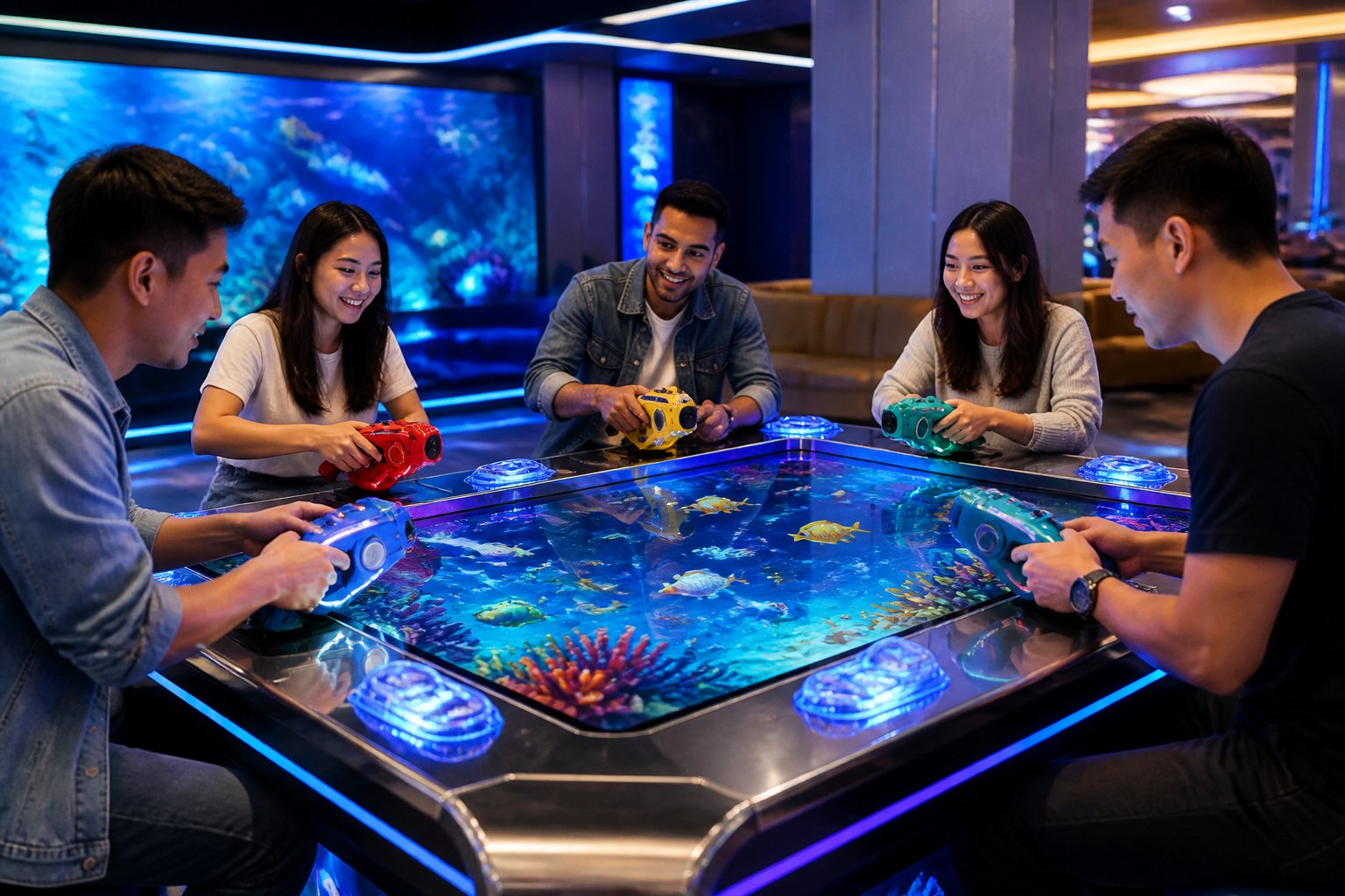 Beberapa pemain dewasa bermain gim tembak ikan multipemain di meja arcade dengan layar bertema bawah laut.