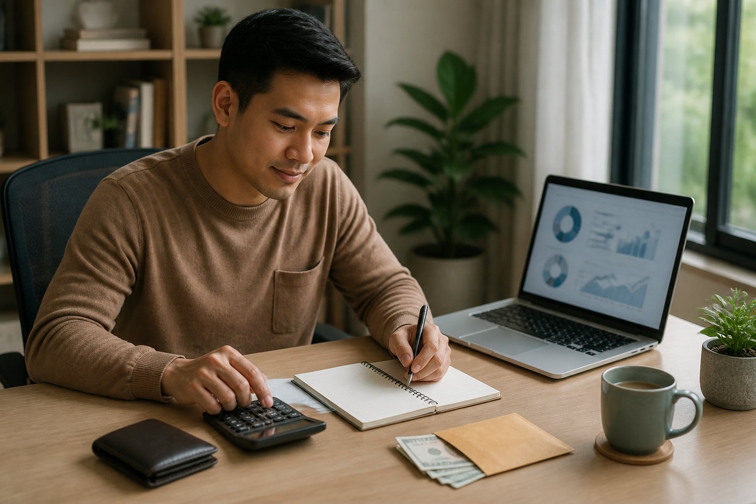 Seseorang mengulas anggaran hiburan dengan laptop, komputer, dan amplop uang di meja kerja.