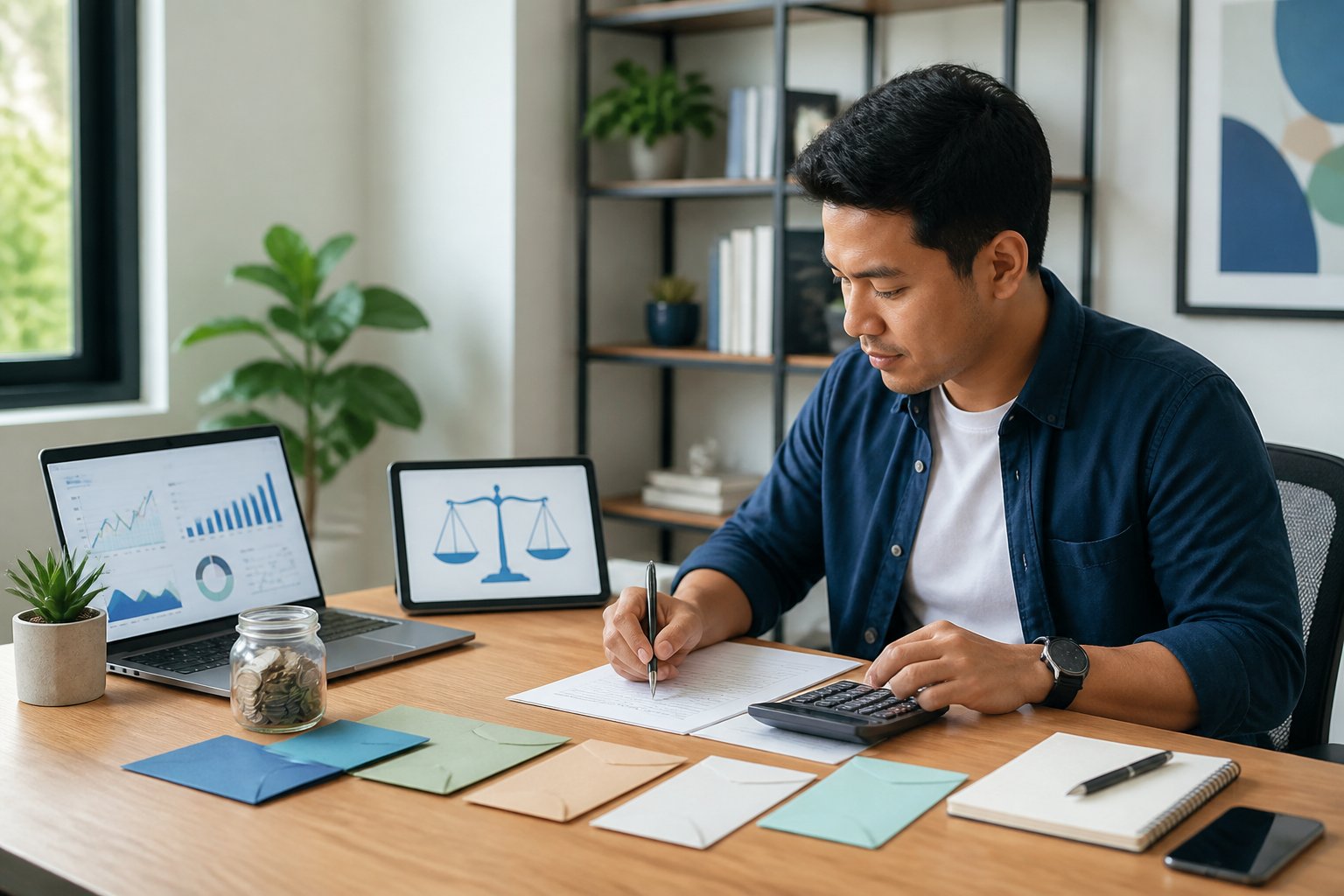 Seseorang meninjau anggaran dan grafik risiko di meja kerja dengan kalkulator, laptop, dan catatan.