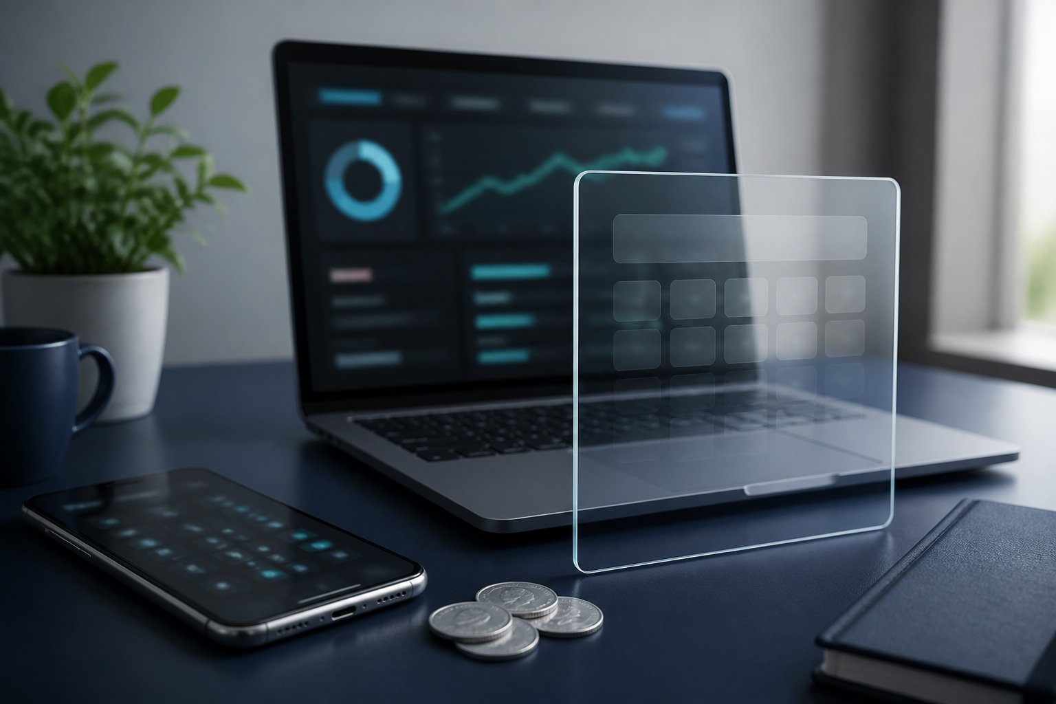 Meja modern dengan laptop, ponsel, dan beberapa koin yang menampilkan antarmuka taruhan abstrak tanpa tulisan.