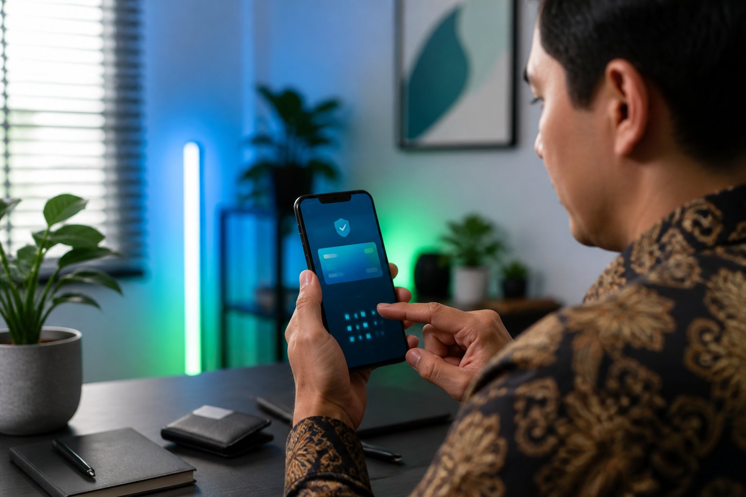 Seseorang menggunakan ponsel untuk meninjau pembayaran digital di meja kerja.