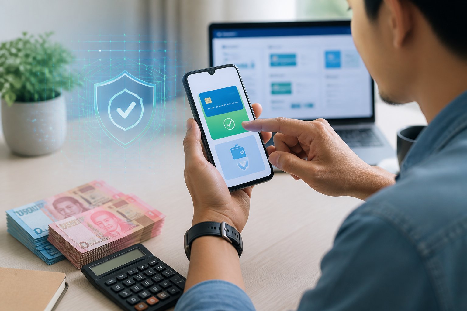 Seseorang memeriksa transaksi deposit melalui ponsel di meja kerja dengan uang rupiah dan kalkulator.