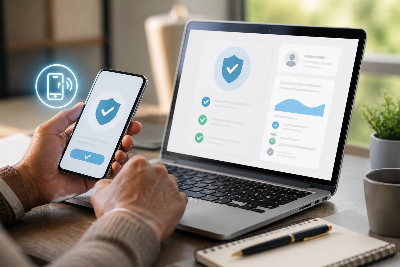 Seseorang memeriksa keamanan layanan digital melalui ponsel dan laptop di meja kerja.