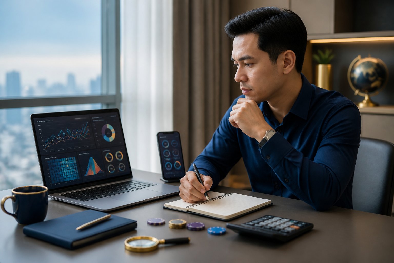 Seorang profesional meninjau dashboard analitik pada laptop di meja kerja modern.