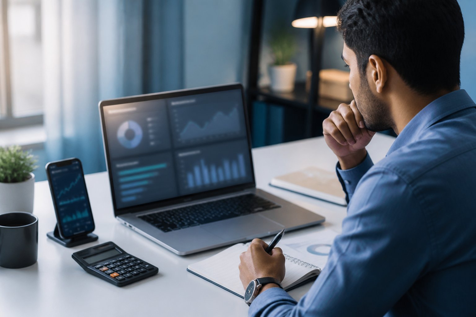Analis dewasa menganalisis data taruhan digital di laptop dengan kalkulator dan buku catatan di meja.
