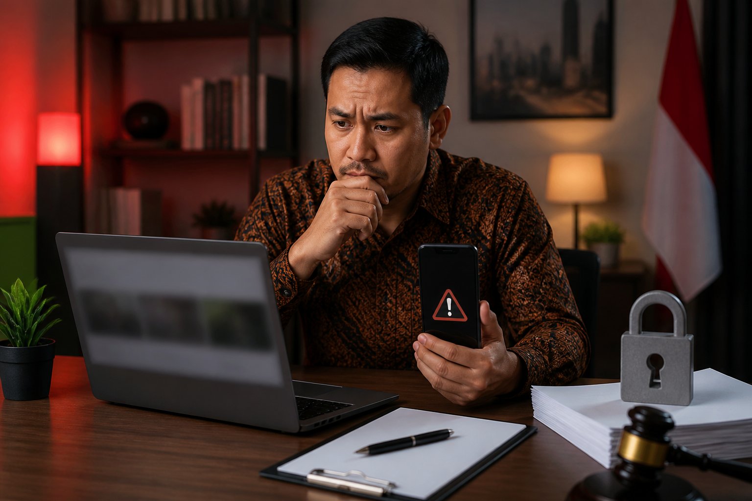 Seorang pengguna Indonesia melihat layar laptop dengan tampilan taruhan bold yang disamarkan, disertai dokumen dan tanda peringatan.