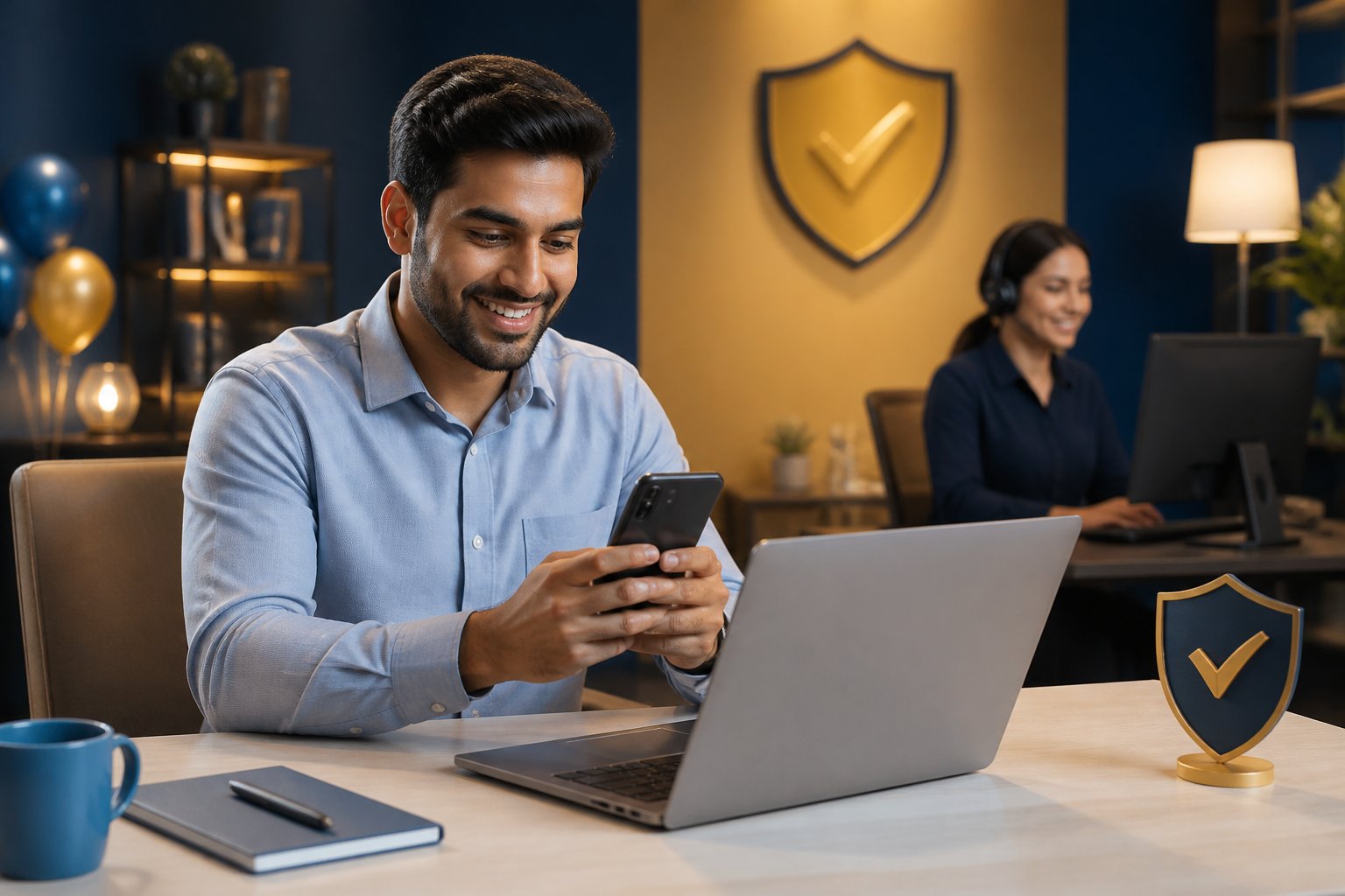 Seorang anggota menggunakan laptop dalam suasana kantor modern dengan elemen keamanan digital dan nuansa perayaan.