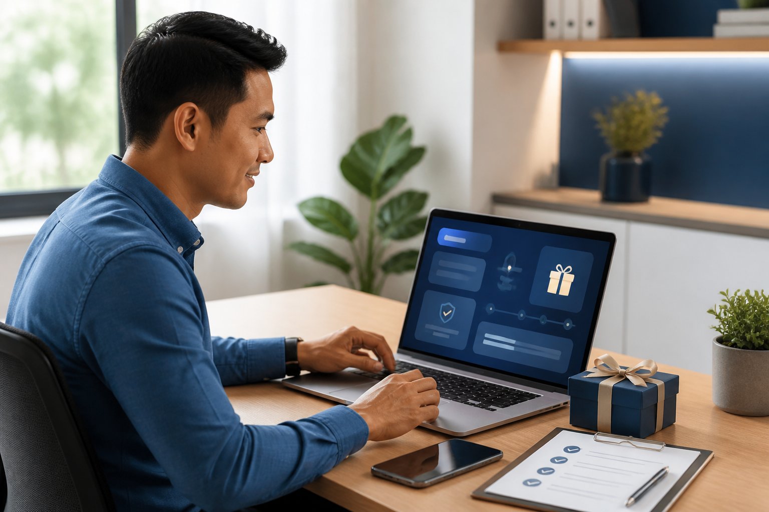 Seorang profesional memeriksa proses klaim bonus anggota baru melalui laptop di meja kerja.