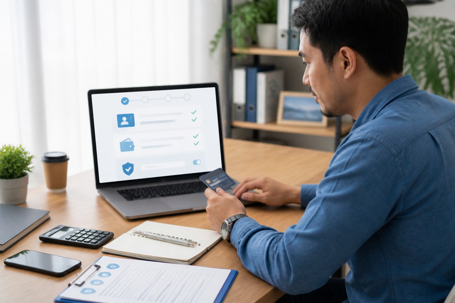 Seseorang memeriksa persyaratan akun dan pembayaran di laptop sebelum melakukan deposit.