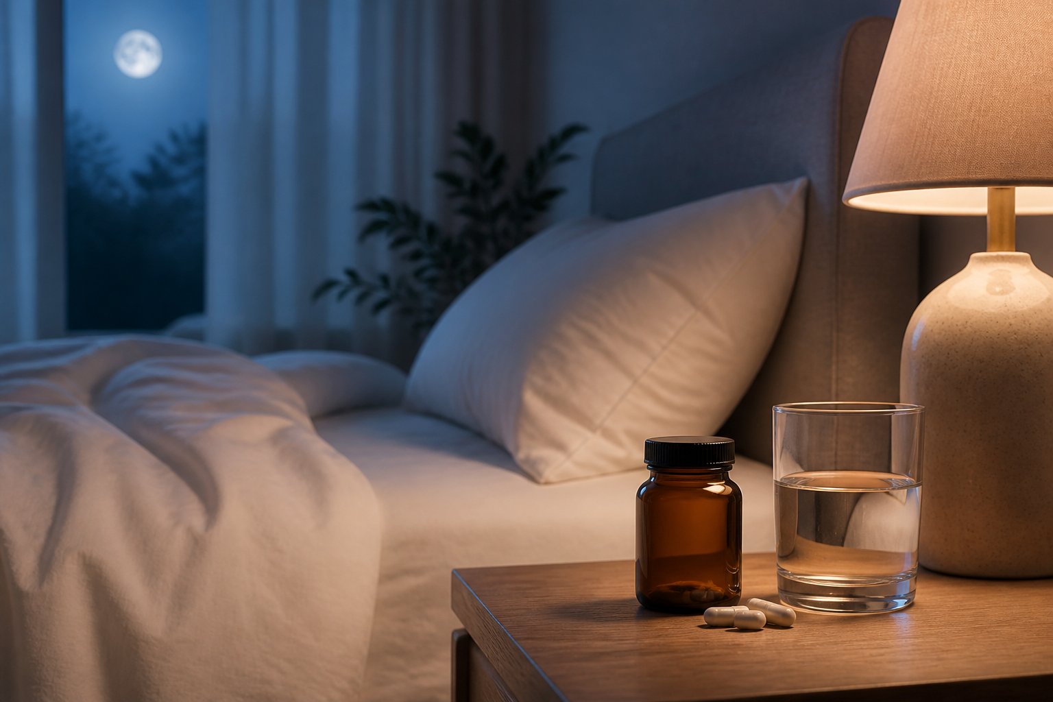 An unbranded supplement bottle, capsules, and a glass of water on a bedside table in a peaceful bedroom at night.