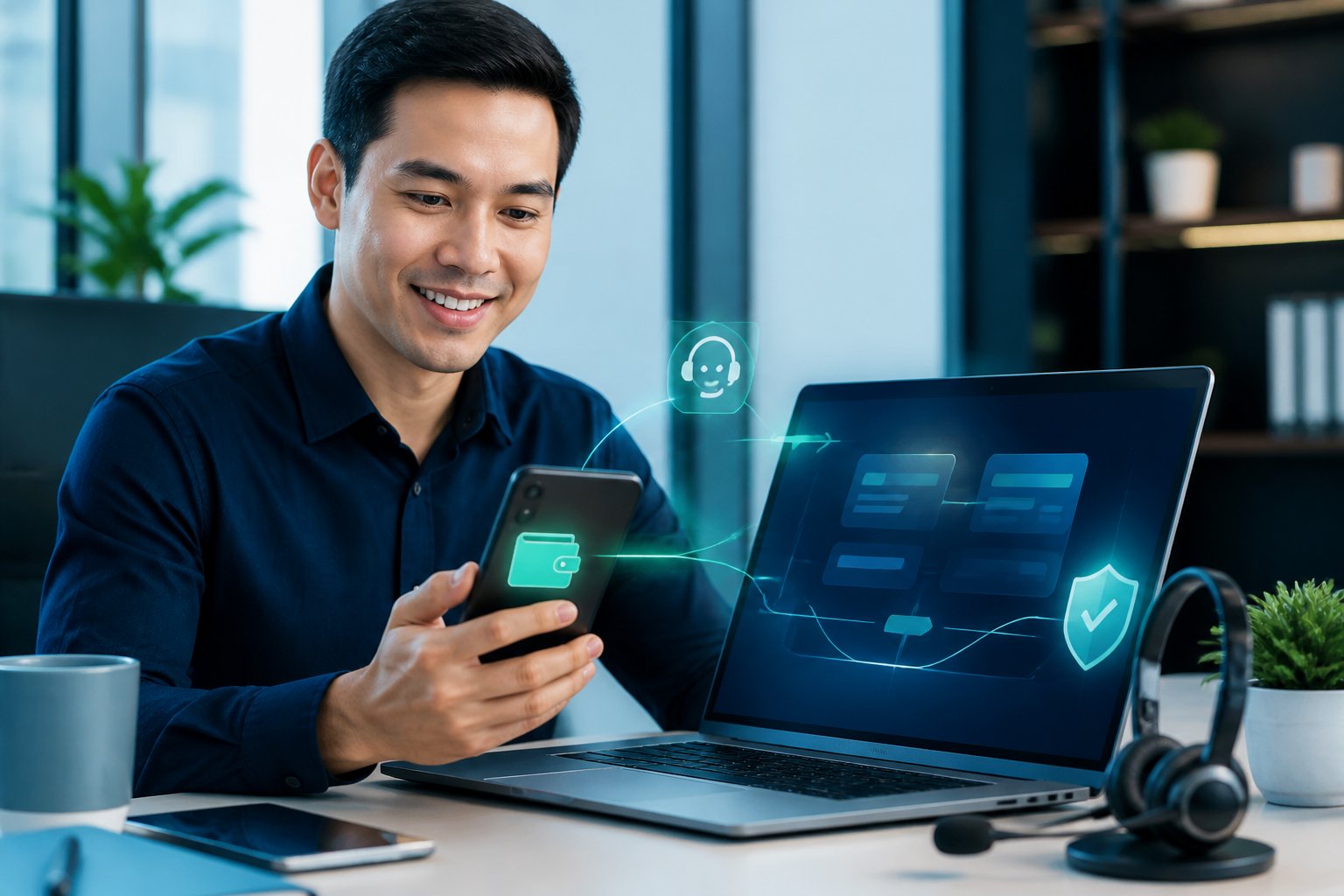 Seseorang menggunakan laptop dan ponsel untuk mengakses layanan pembayaran digital dengan dukungan pelanggan.
