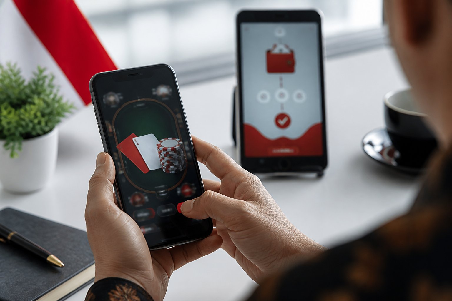 Tangan pengguna mengoperasikan ponsel dengan elemen kartu poker dan pembayaran digital di meja kerja.