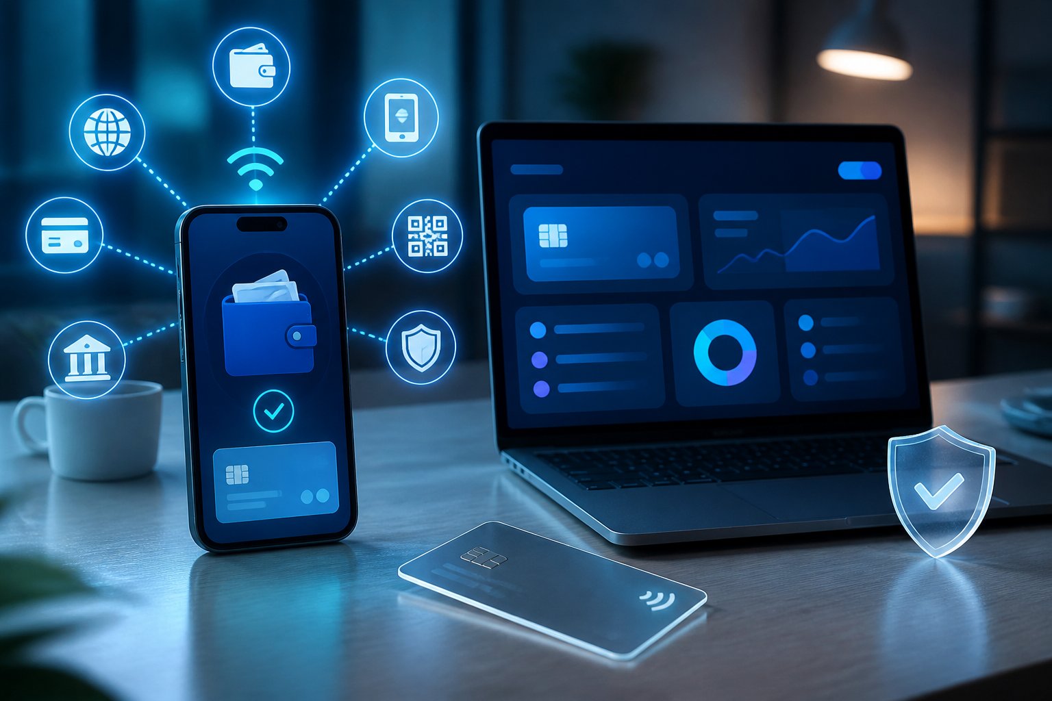 Ponsel dan laptop menampilkan antarmuka pembayaran digital dengan simbol keamanan dan koneksi dompet elektronik.