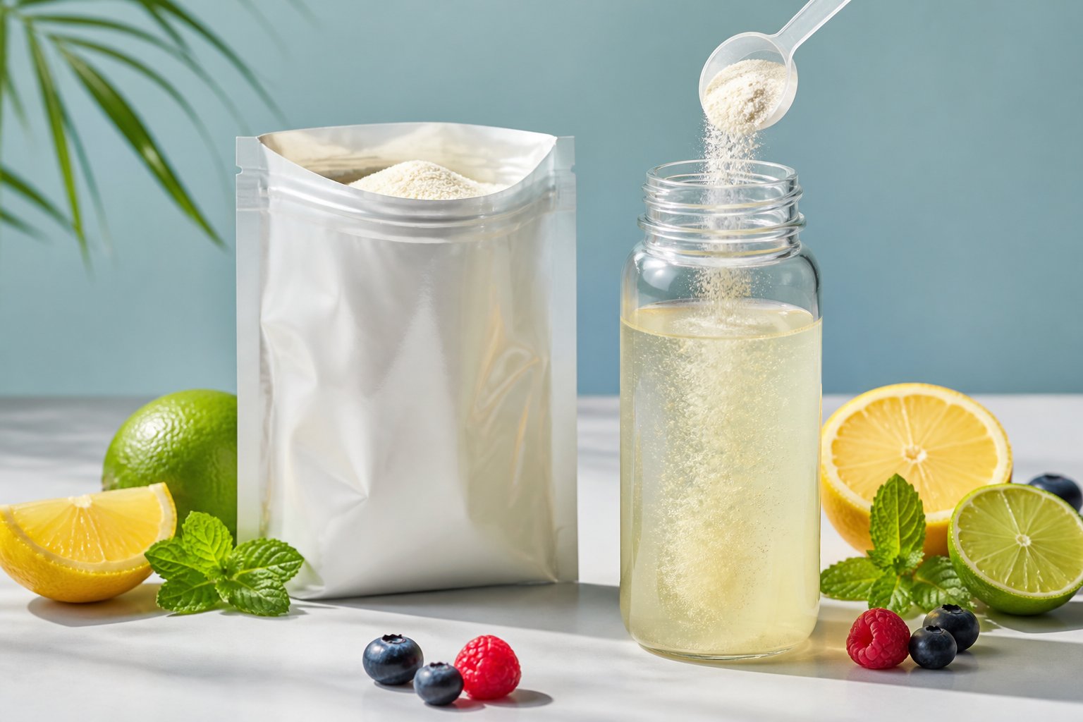 A glass of citrus-colored electrolyte drink with dissolving powder, surrounded by fruit slices, berries, and mint.