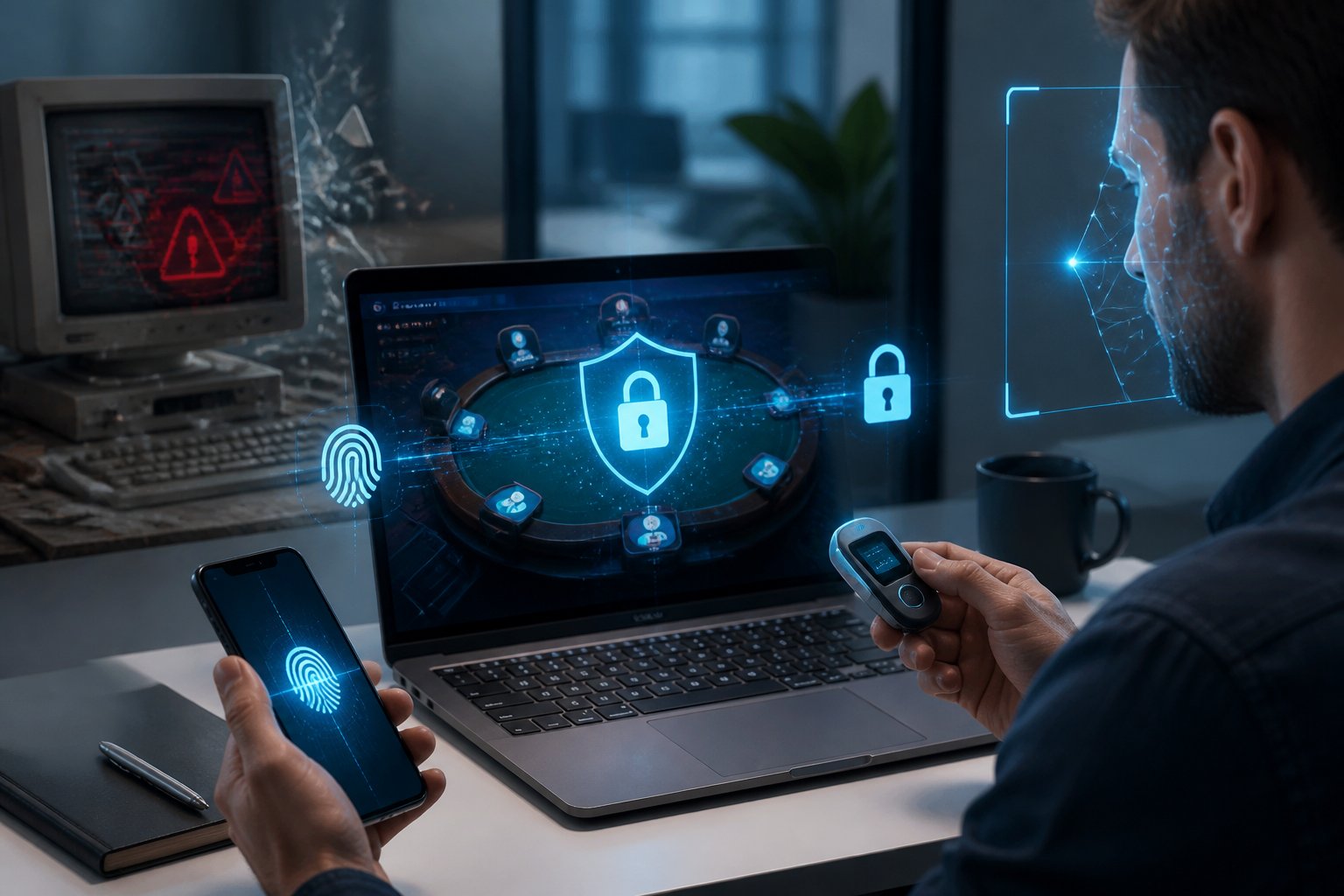 Pengguna mengakses akun poker online dengan laptop dan ponsel yang dilindungi autentikasi berlapis serta simbol keamanan digital.