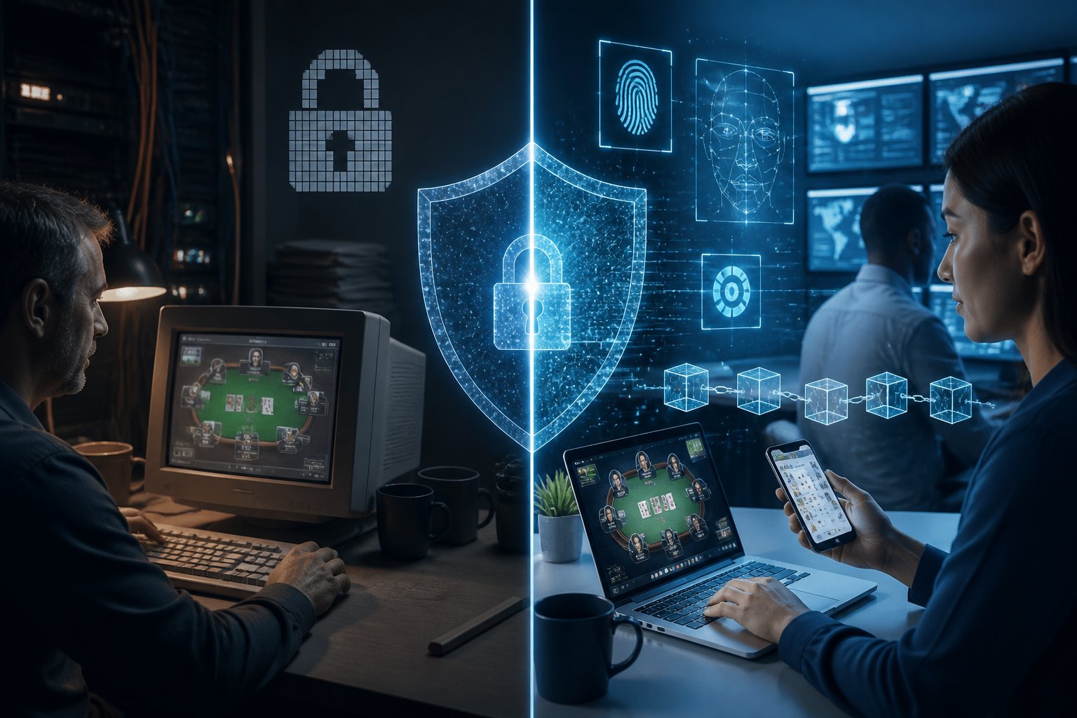Perbandingan suasana sistem keamanan poker online lama dan modern dengan perlindungan data serta transaksi digital.