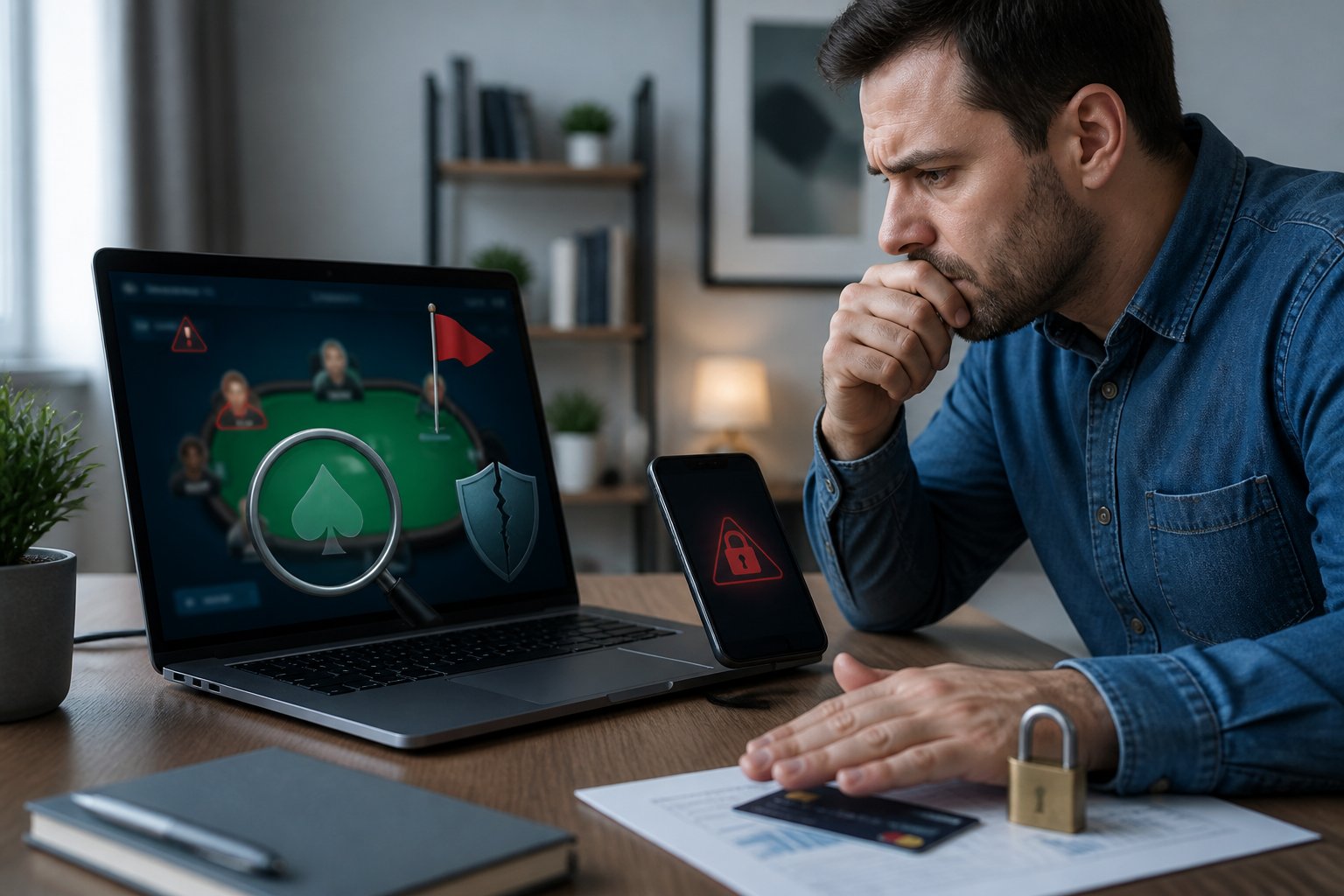 Seseorang memeriksa laptop dan ponsel dengan tanda peringatan keamanan terkait platform poker online mencurigakan.