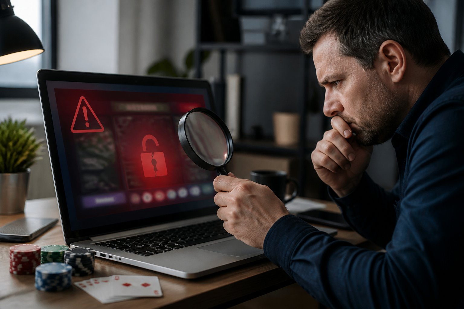 Seseorang yang memeriksa situs poker online mencurigakan di laptop dengan tanda peringatan dan kartu poker di meja.