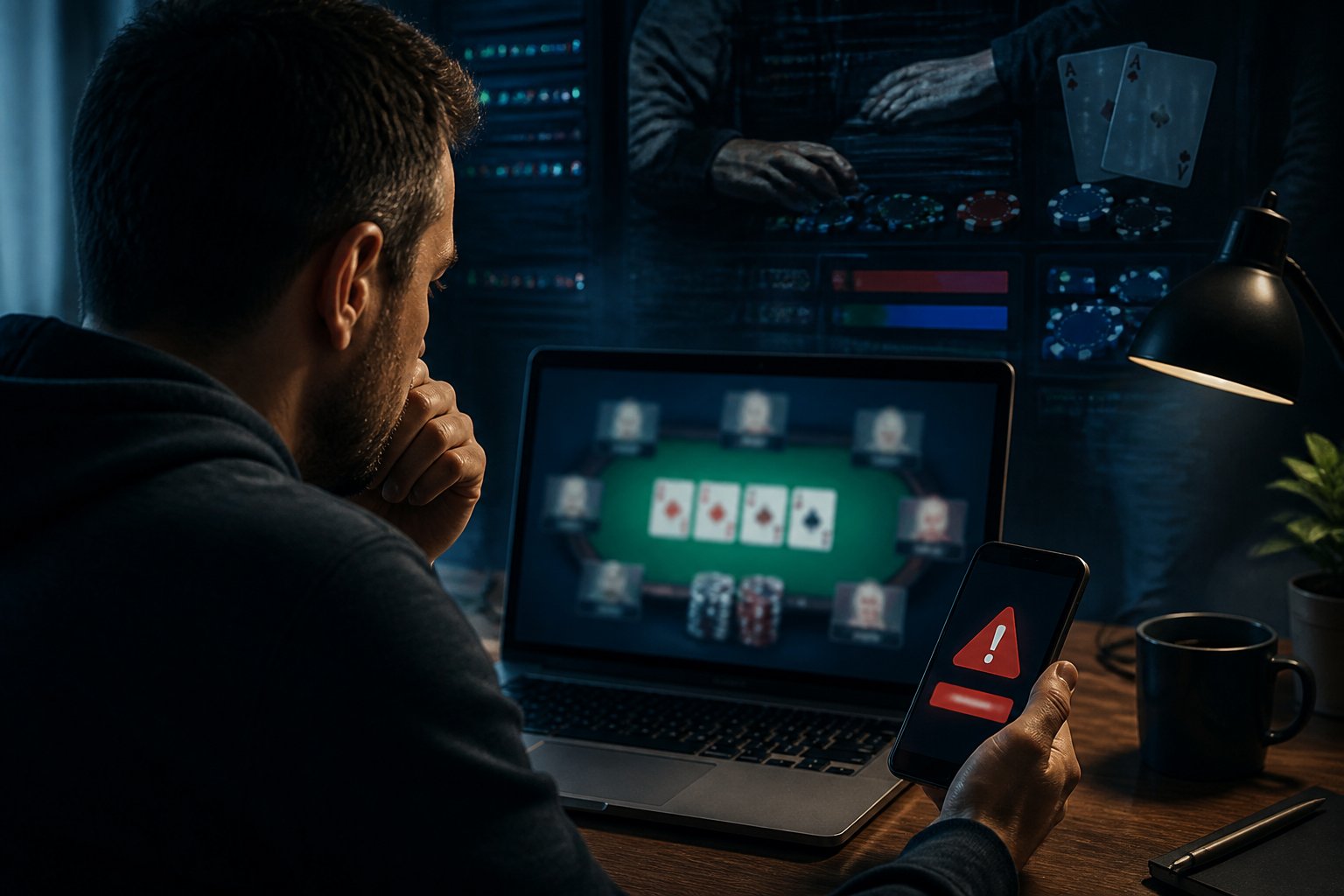 Seorang pemain memeriksa laptop dan ponsel dengan tampilan transaksi mencurigakan, sementara bayangan manipulasi digital terlihat di latar belakang.