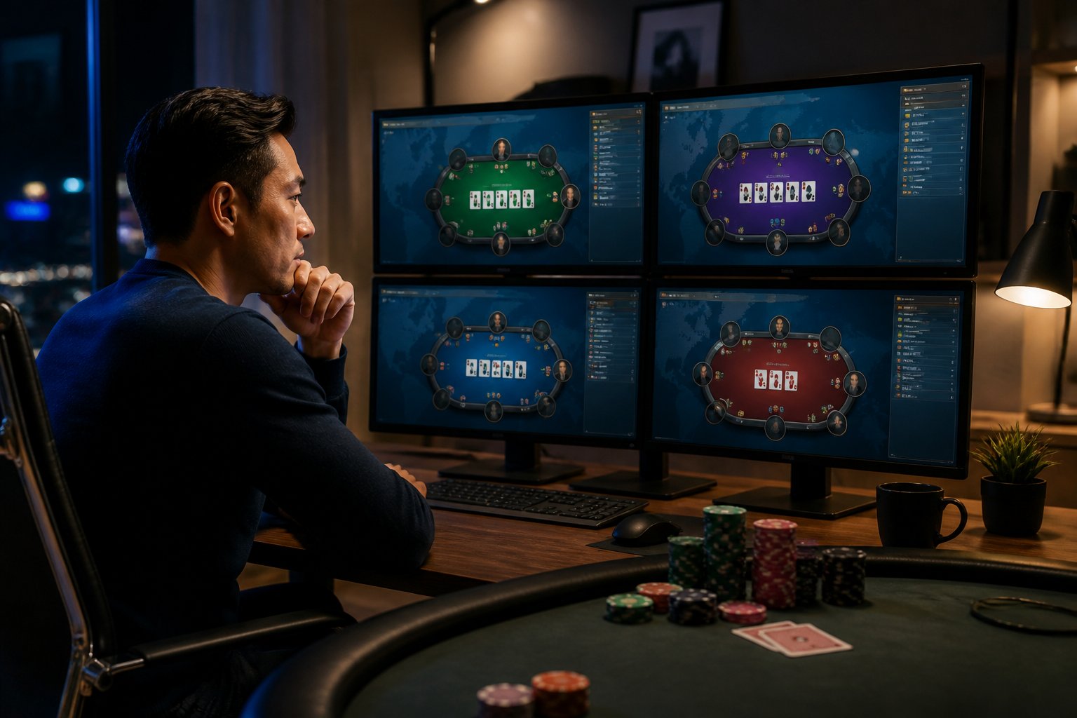 Seseorang membandingkan beberapa pilihan meja poker bold di ruang kerja modern.