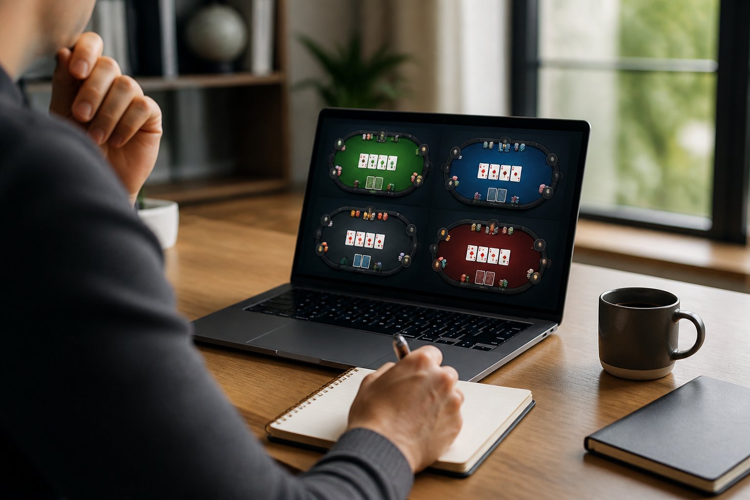 Seseorang menilai beberapa pilihan meja poker dare di ruang kerja modern dengan laptop, kartu, dan simpanan poker.