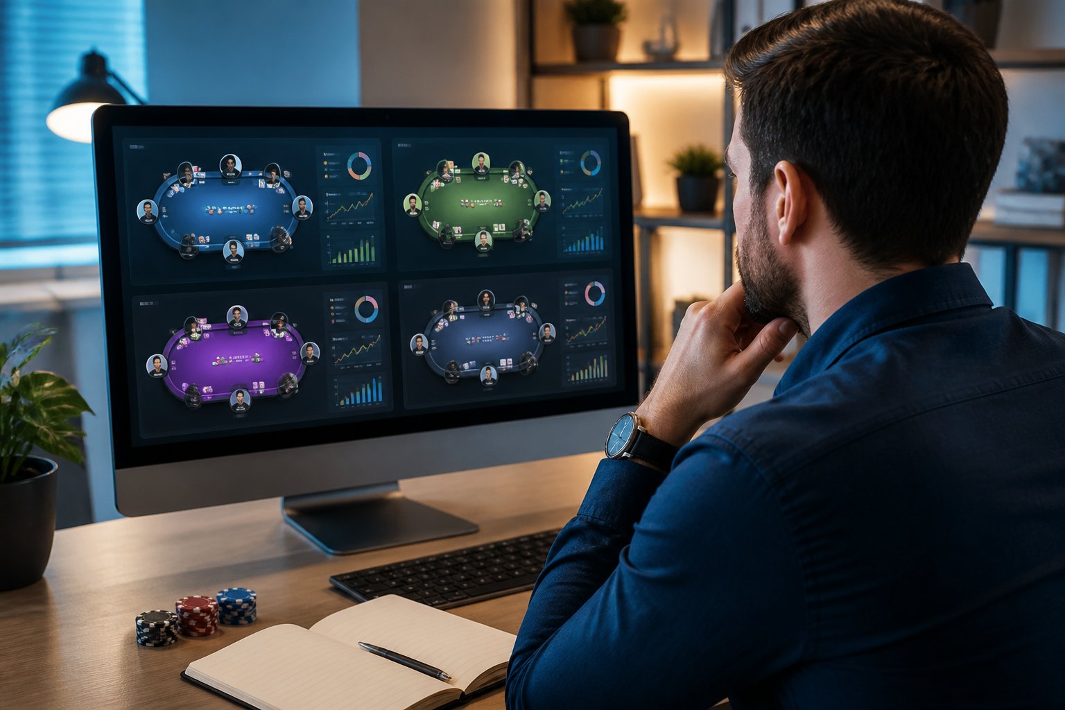 Seseorang mengamati beberapa pilihan meja poker pada monitor di ruang kerja modern.