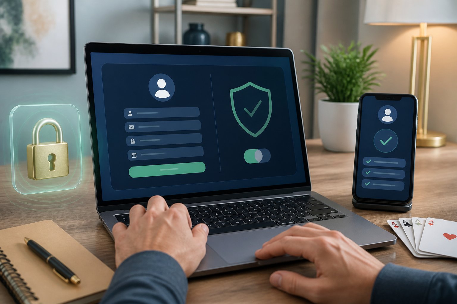 Tangan pengguna mengakses formulir pendaftaran akun di laptop dengan simbol keamanan dan kartu poker di meja.