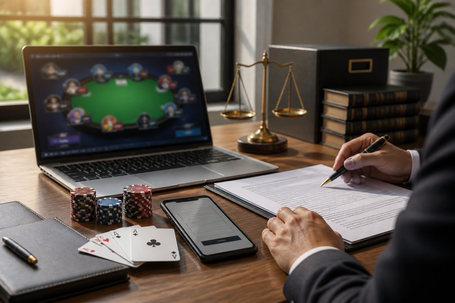 Meja kerja modern dengan laptop, dokumen, kartu poker, dan penyimpanan permainan sebagai simbol verifikasi hukum.