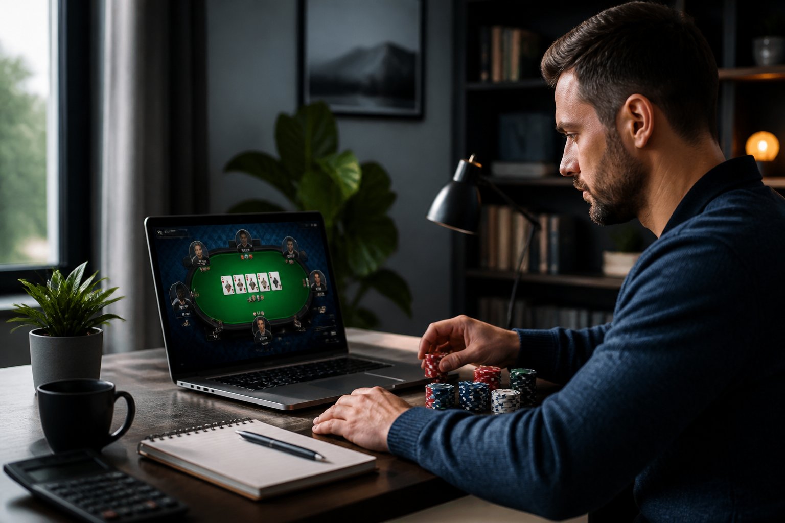 Seorang pemain dewasa menganalisis permainan poker online di laptop dengan kartu dan menyimpan poker di meja.
