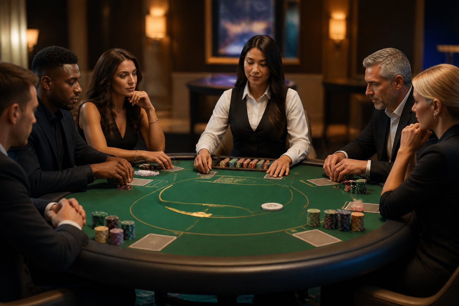 Dealer dan beberapa pemain dewasa berada di meja poker dengan kartu serta tumpukan chip yang tertata rapi.