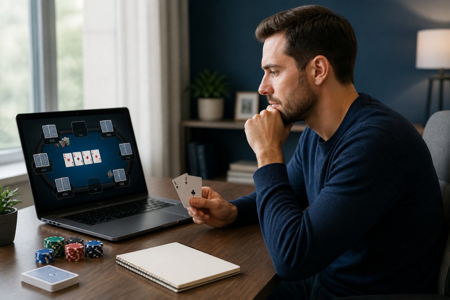 Pemain poker mempelajari kartu awal dan posisi di depan laptop dengan beberapa chip simpan di meja.
