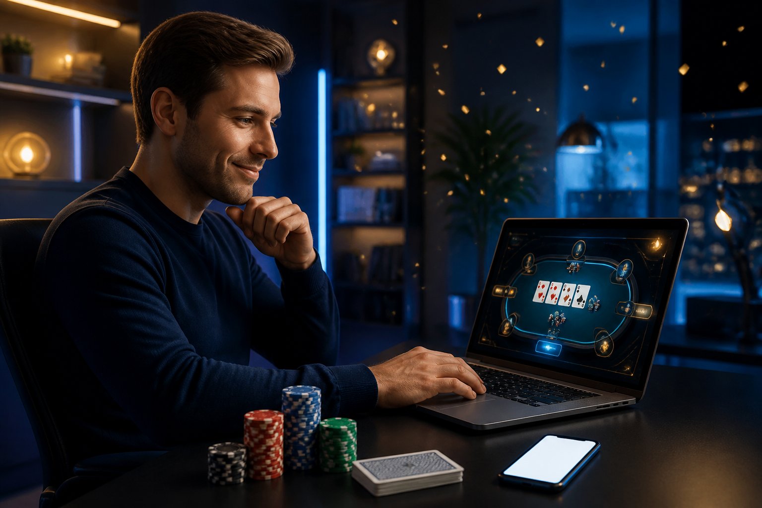 Seseorang bermain poker online di laptop dengan kartu dan keping poker di meja.