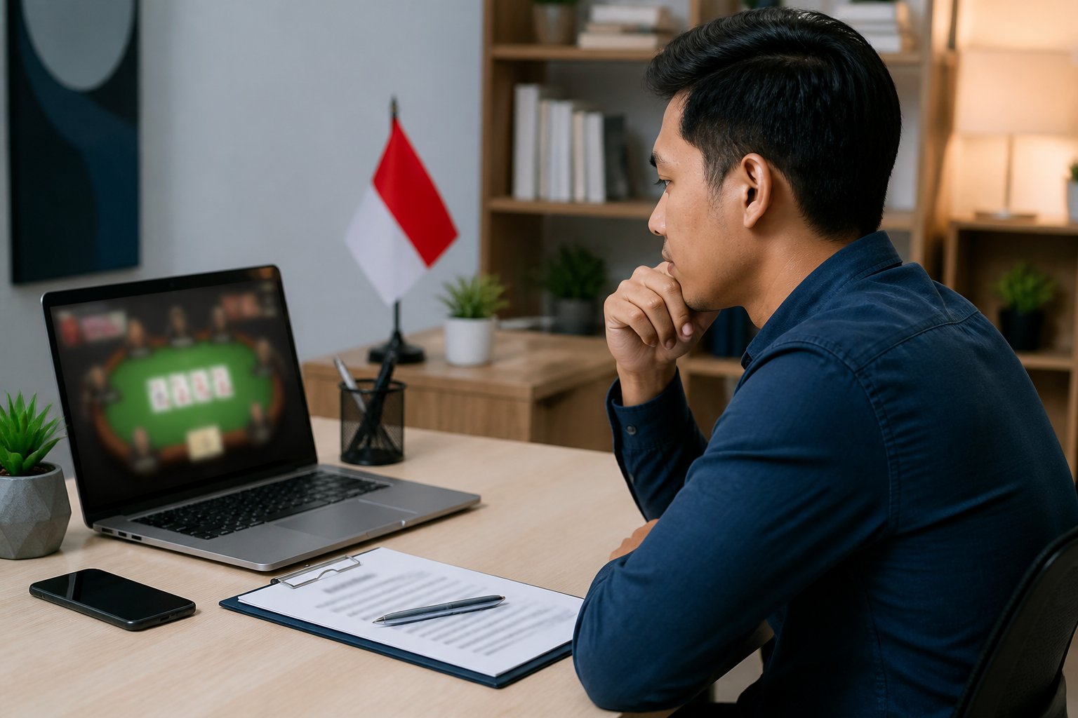 Orang dewasa Indonesia melihat laptop dengan antarmuka kartu yang dibuat buram di ruang kerja modern, dengan dokumen kosong dan bendera Indonesia di latar belakang.