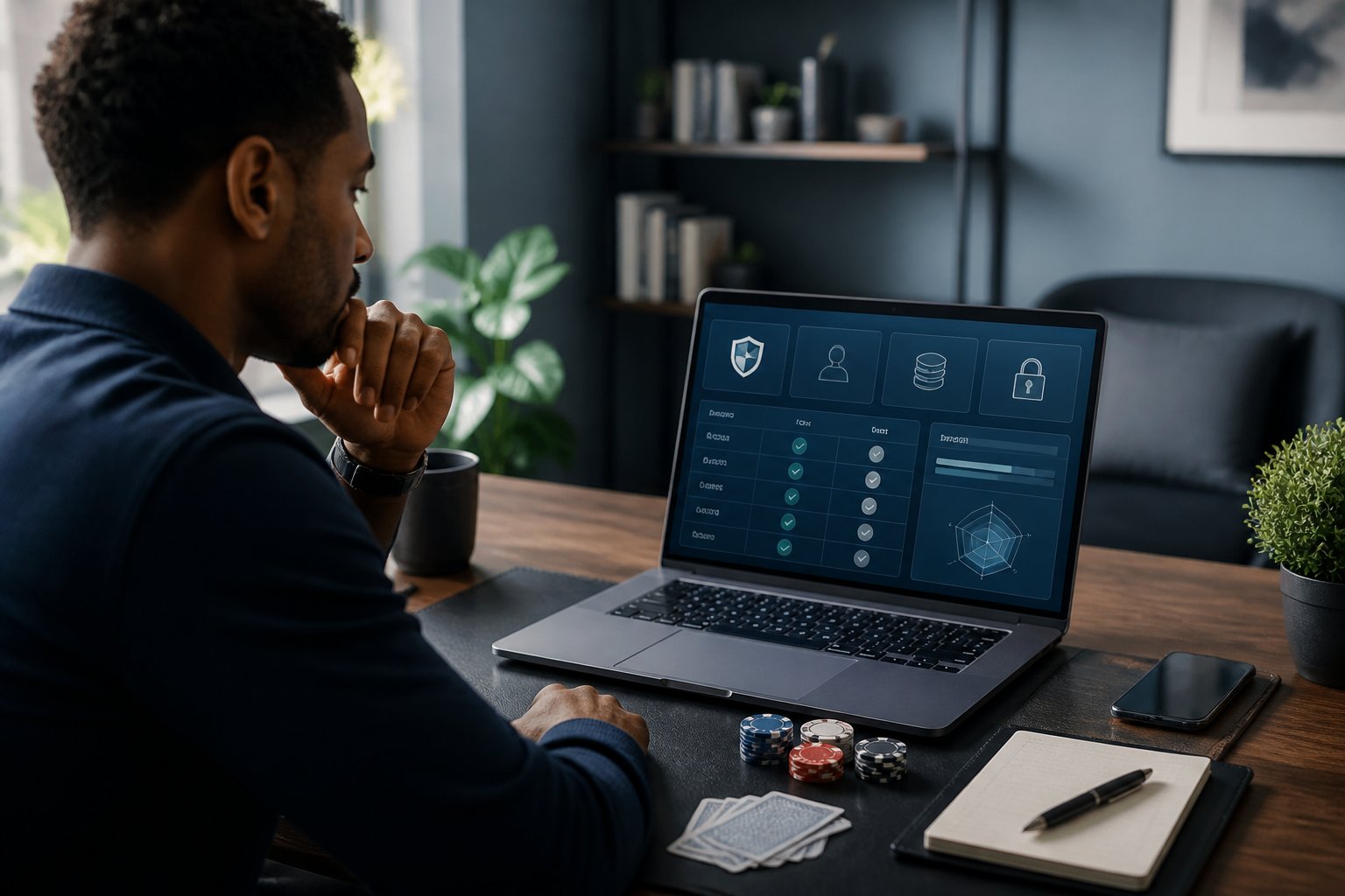 Seseorang meninjau platform poker online di laptop dengan kartu dan keping poker di meja.