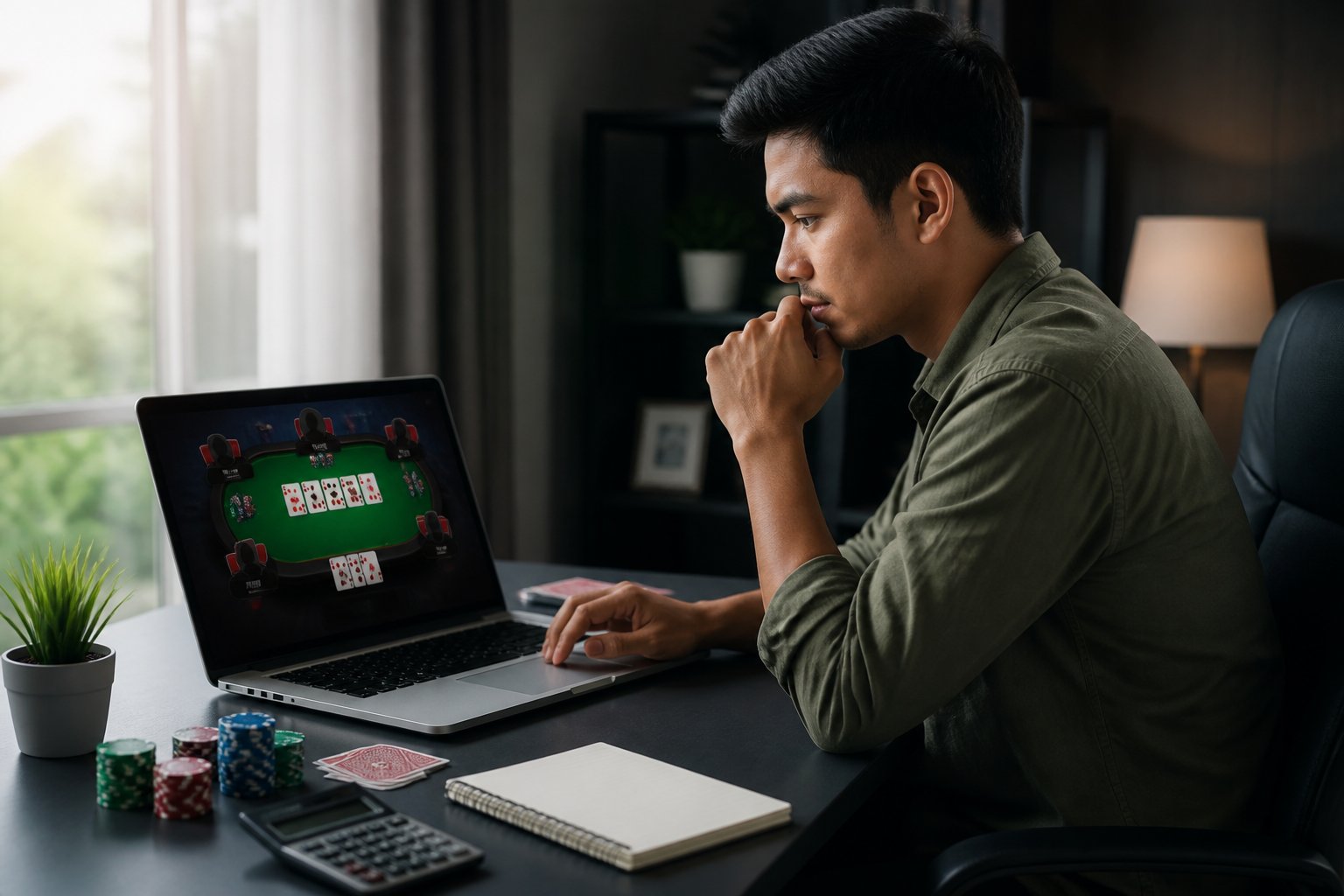 Seorang pemain poker Indonesia menganalisis permainan di laptop dengan kartu dan menyimpan poker di meja.