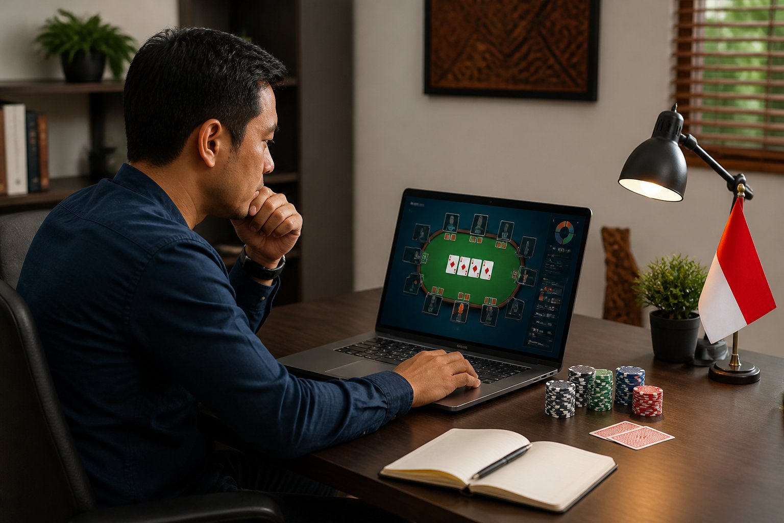 Seorang pemain poker mempelajari strategi di depan laptop dengan kartu dan menjaga poker di atas meja.