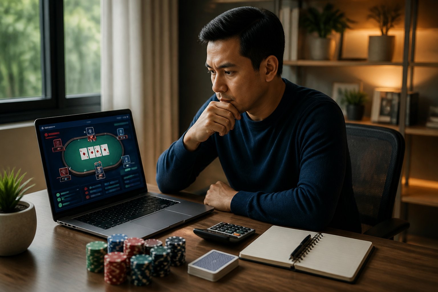 Seorang pemain poker online tampak menganalisis layar laptop dengan kartu, menyimpan poker, buku kosong catatan, dan komputer di atas meja.